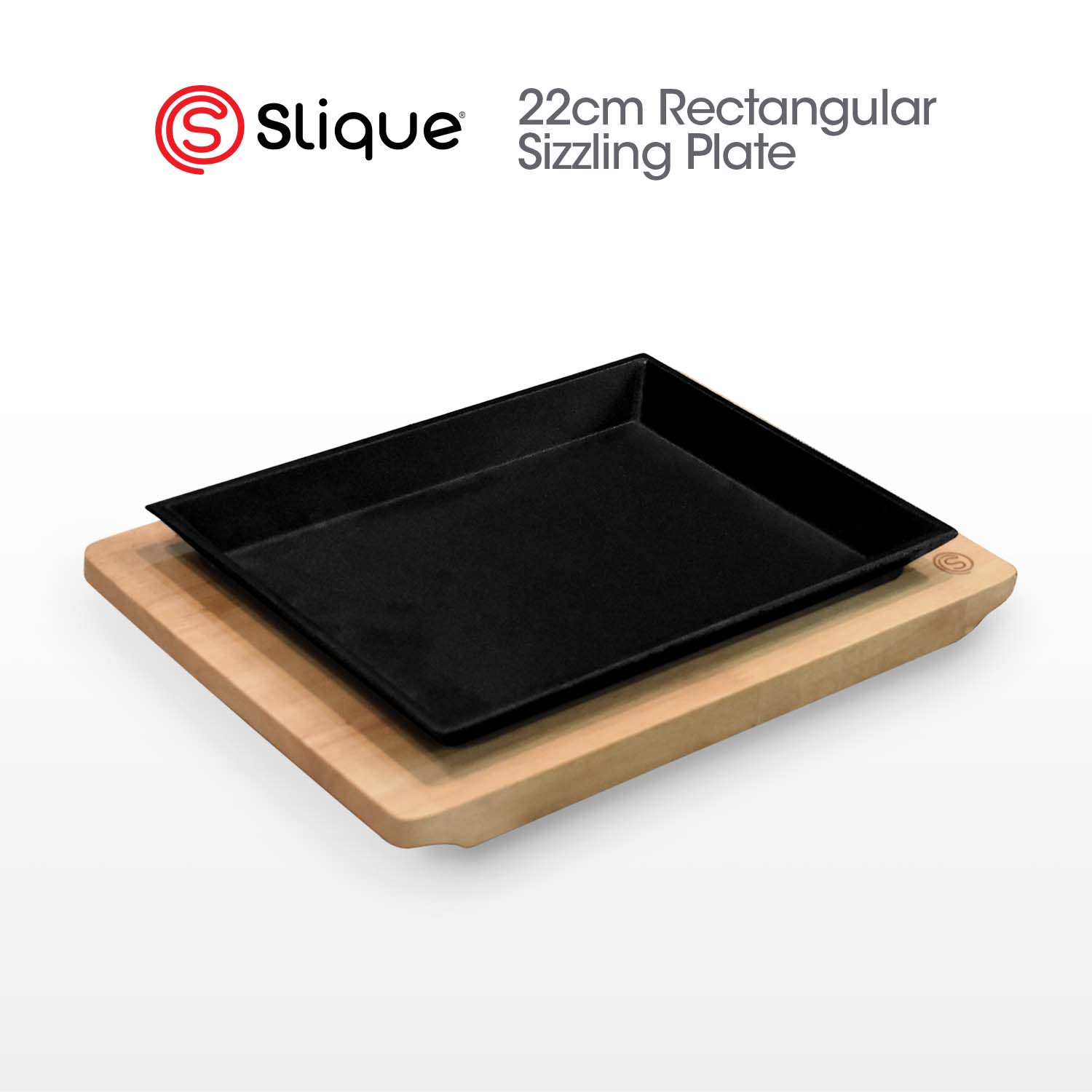 SLIQUE Premium Cast Iron Rectangular Sizzling Plates w/ Original Rubber Wood Base 22cm