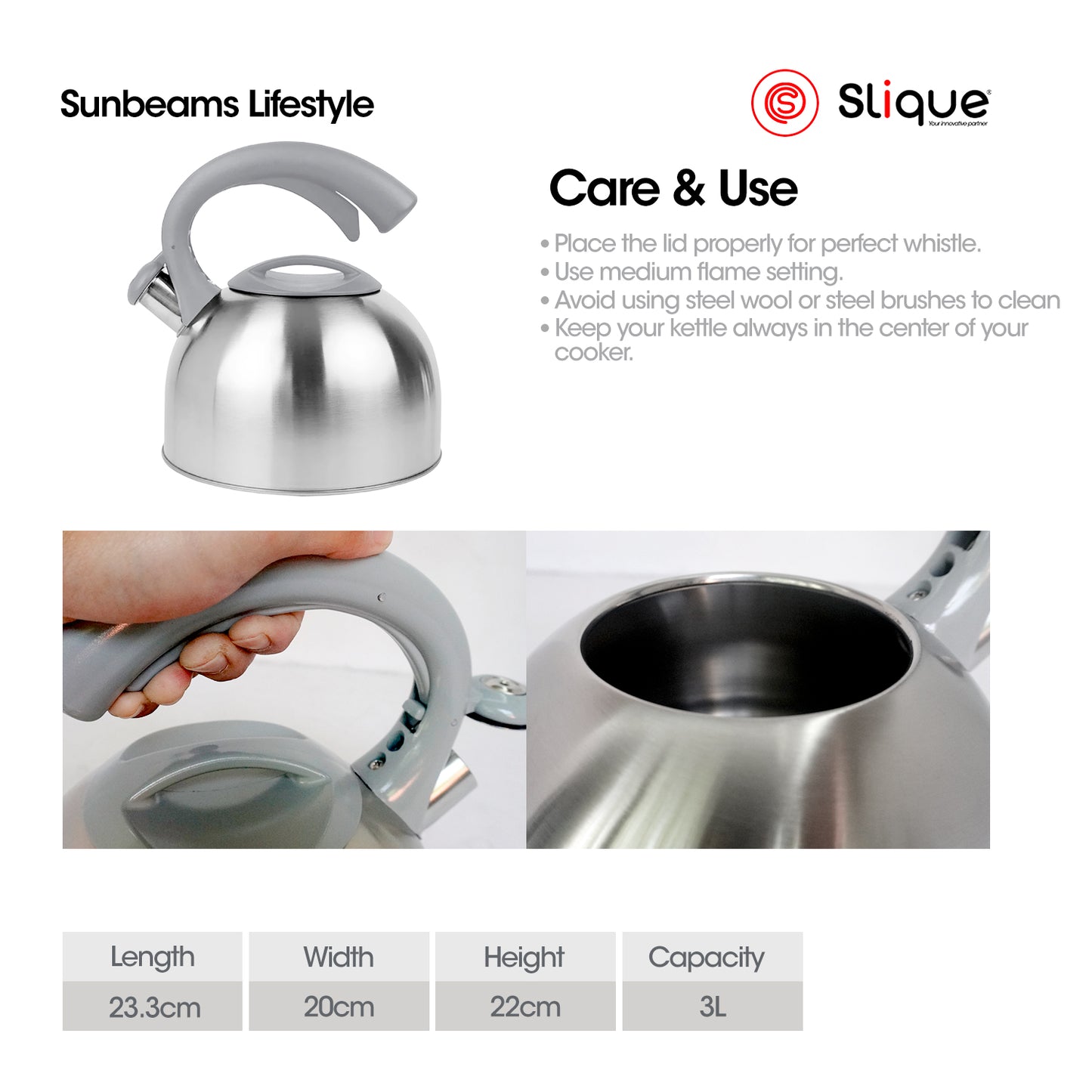 SLIQUE Whisting Kettle 3L - Stainless Steel Induction Based