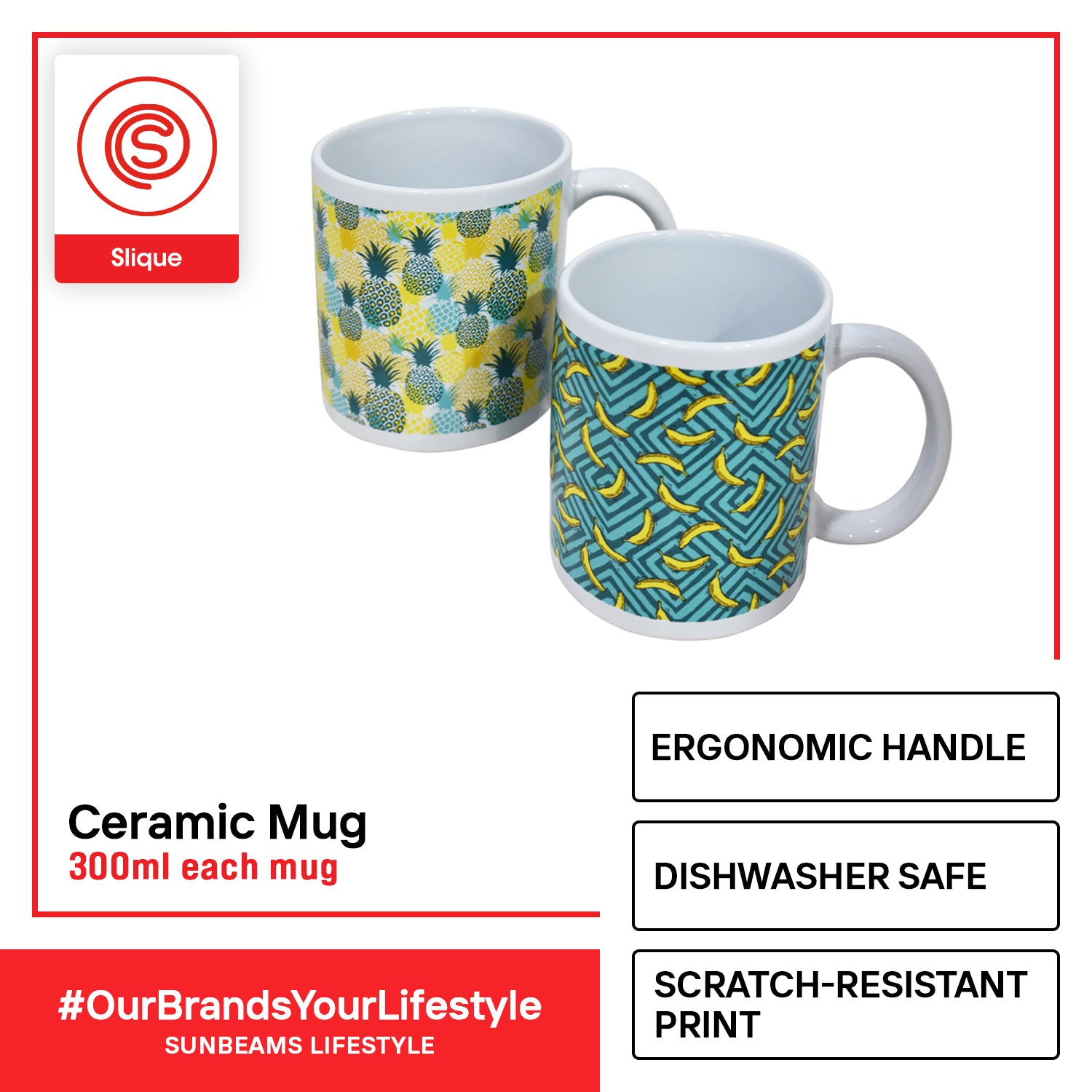 SLIQUE Premium Ceramic Mug Limited Edition Design 300ml Set of 2 (Fruit)