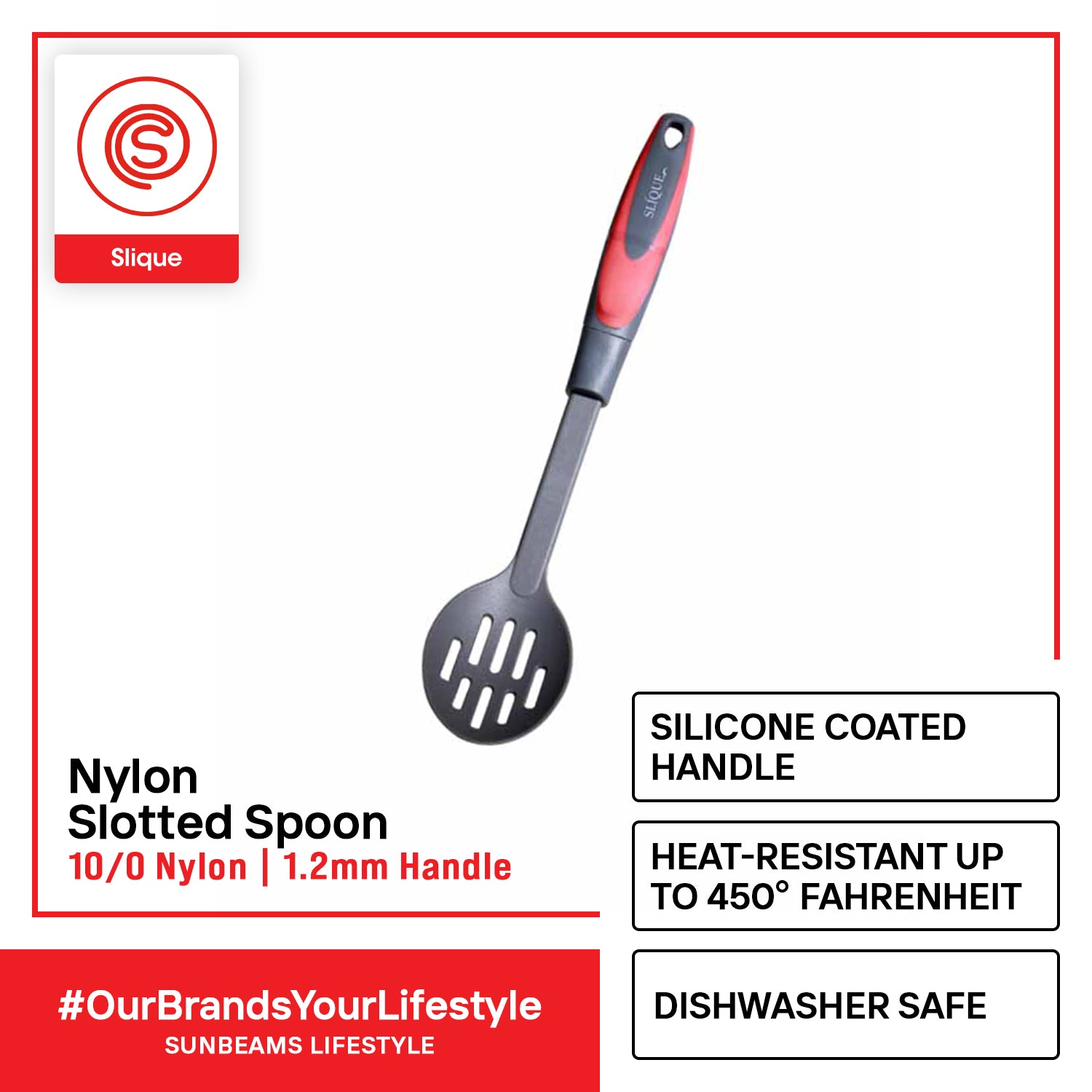 SLIQUE Premium Nylon Slotted Spoon (Red)