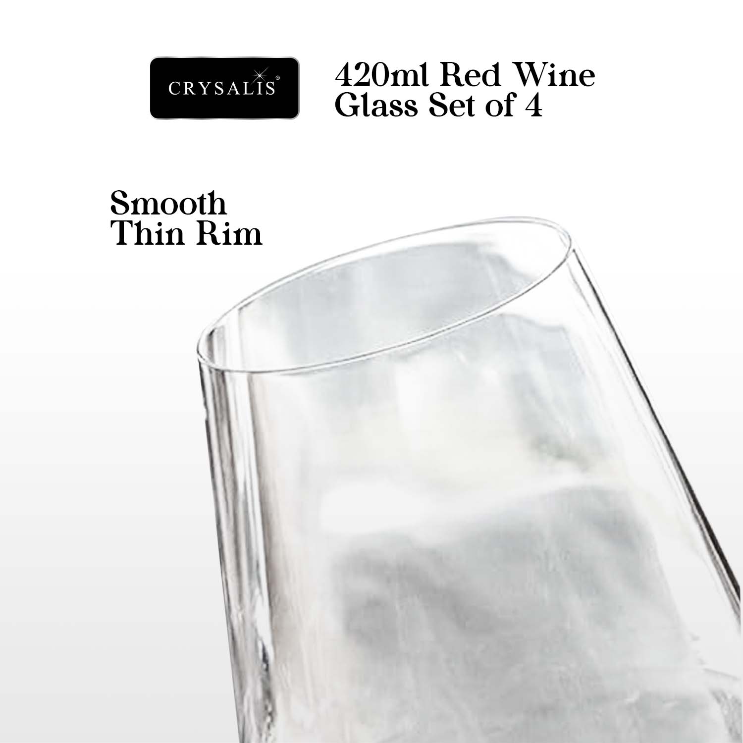 CRYSALIS Premium 420ml Red Wine Glass Set of 4 – Lead-Free Crystal Stemware Long Stem Elegant Drinking Glass