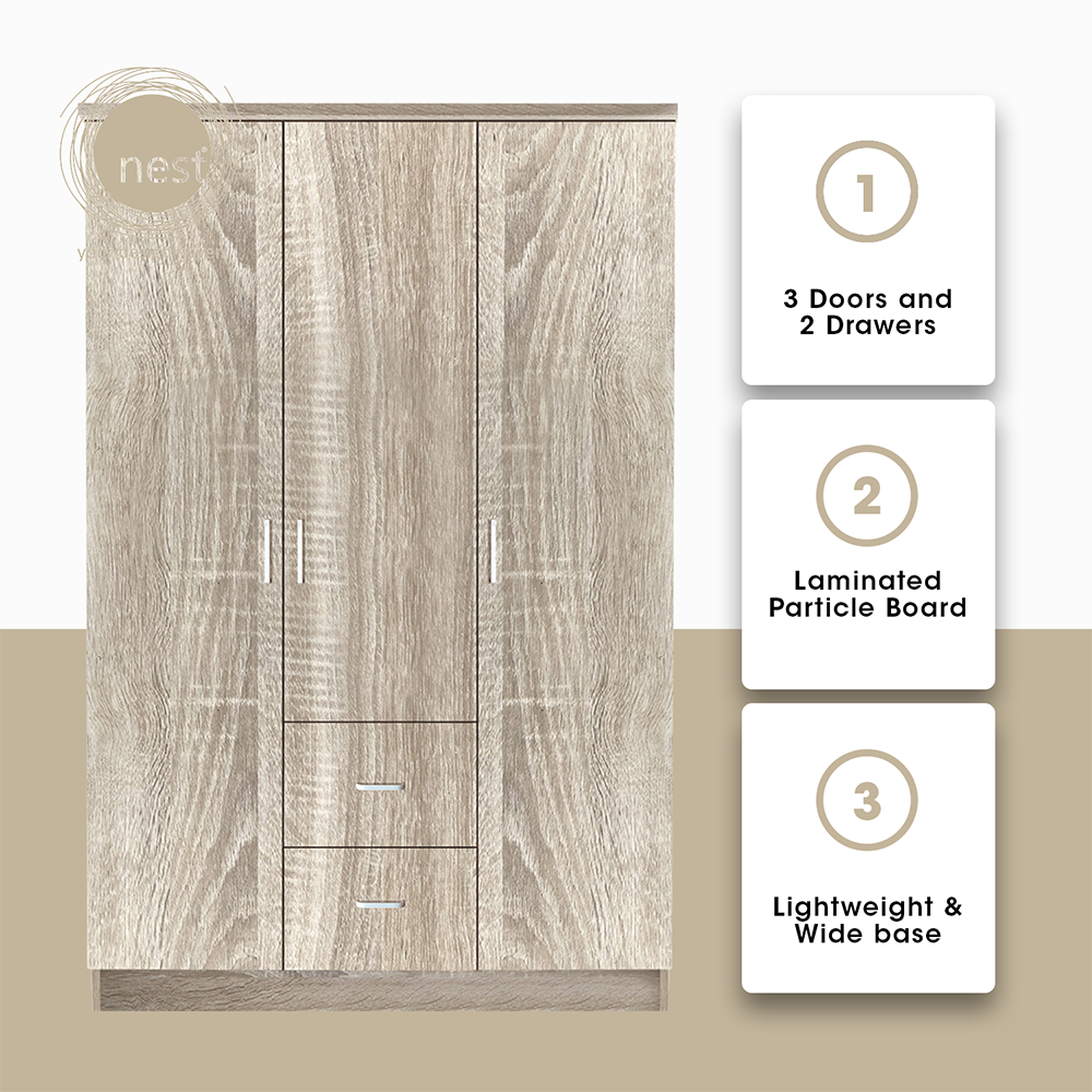 NEST DESIGN LAB Premium Wardrobe 3 Doors & 2 Drawers Modern Italian Design Amazing Gift Idea For Any Occasion! (Ash Wood)