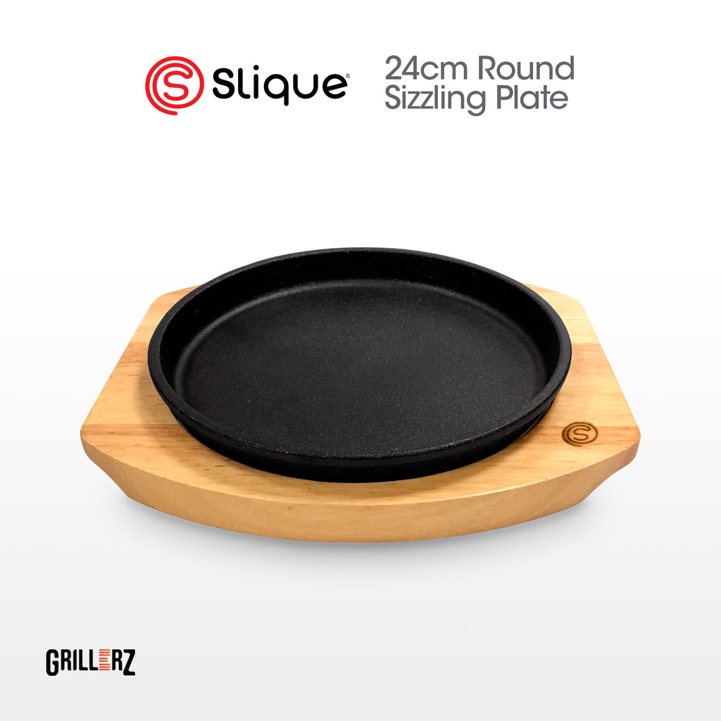 [Official] Slique GRILLERZ Cast Iron Sizzling Plate w/ Rubberwood Base - Restaurant Grade Serving Tray, Induction Ready