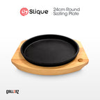 [Official] Slique GRILLERZ Cast Iron Sizzling Plate w/ Rubberwood Base - Restaurant Grade Serving Tray, Induction Ready