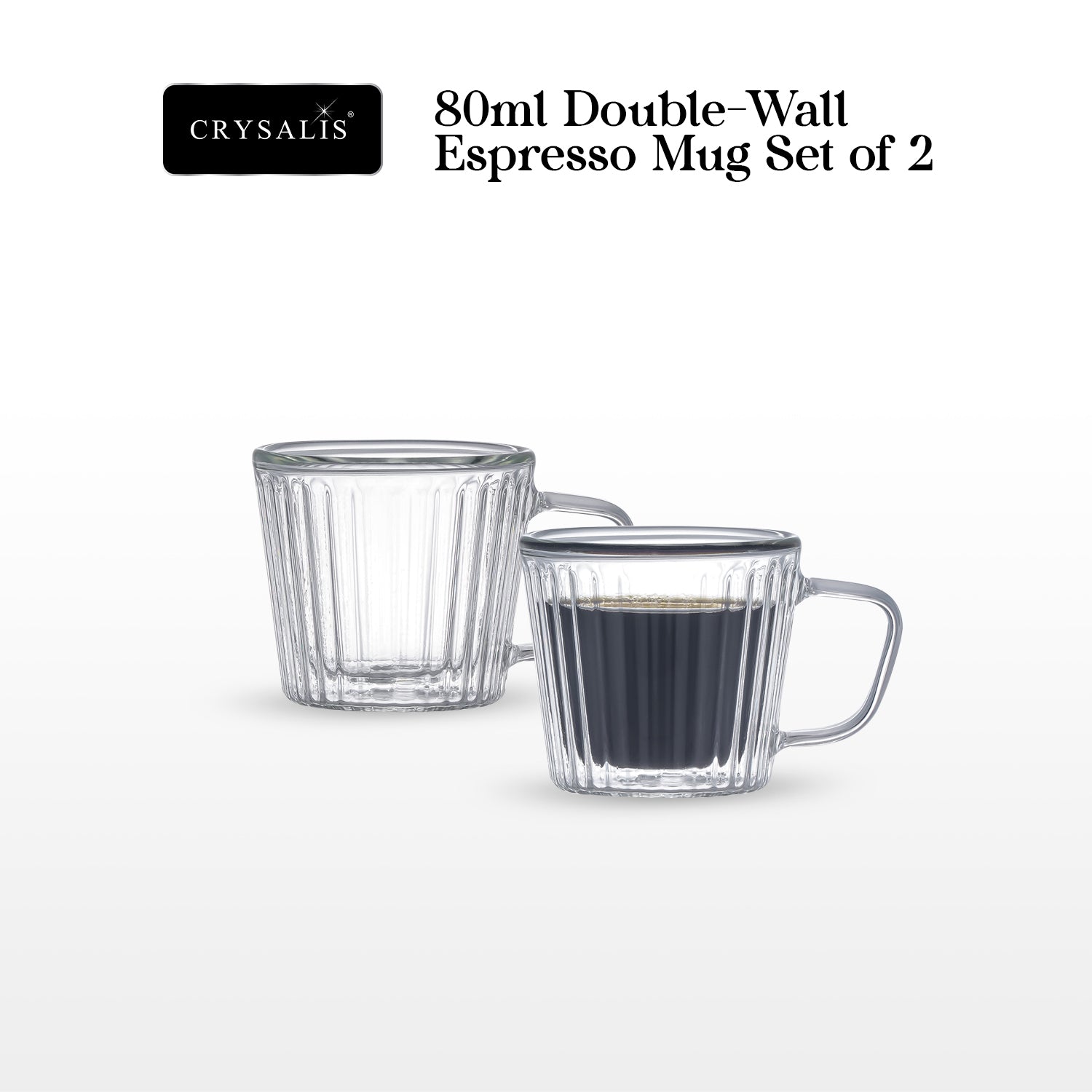 Crysalis Borosilicate Double-Wall Insulated Glass Coffee Mug, Grande Mug, Espresso Mug – Set of 2