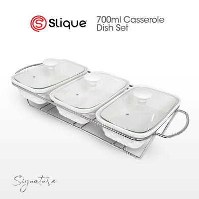 SLIQUE Premium Ceramic Rectangle Casserole Dish with Silver Plated Tealight Candle Holder 700ml