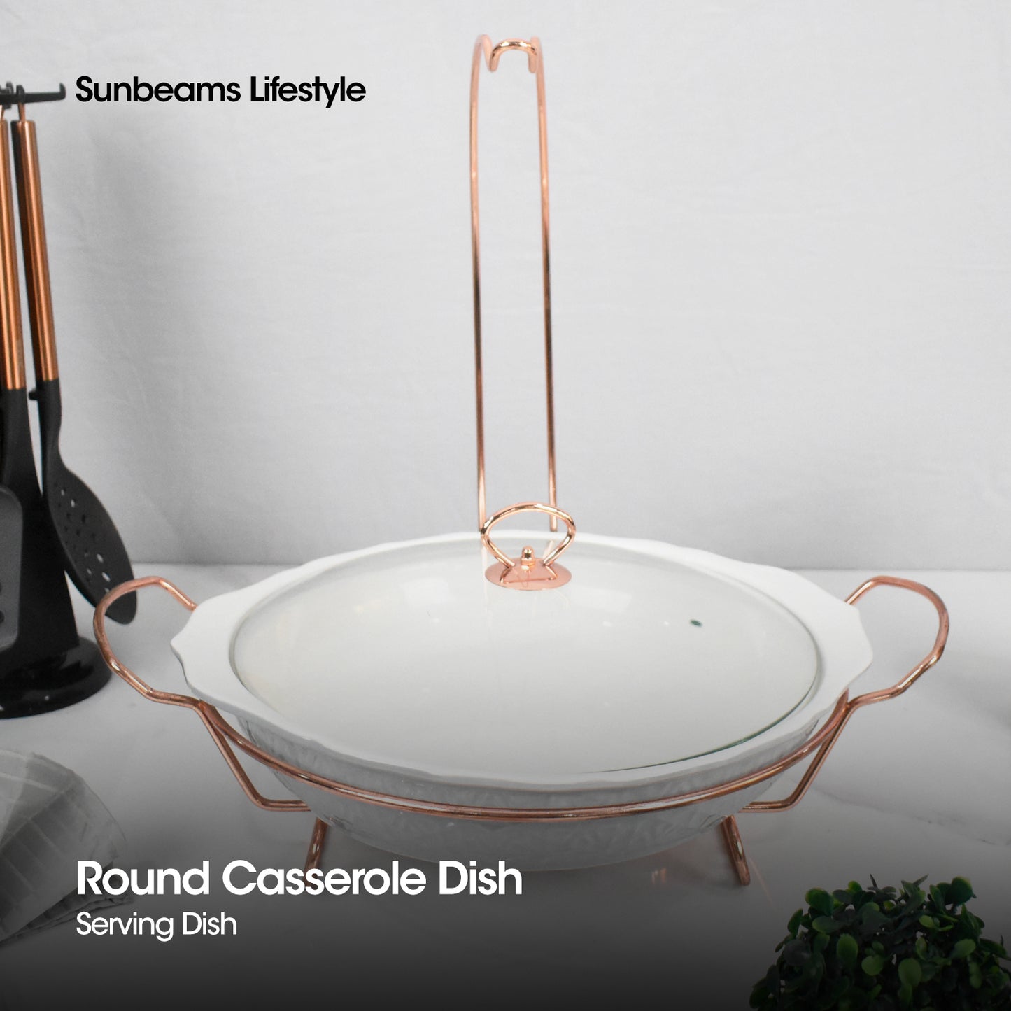 SLIQUE Casserole Serving Dish Round, Signature Porcelain Collection Copper Stand with Candle Burner