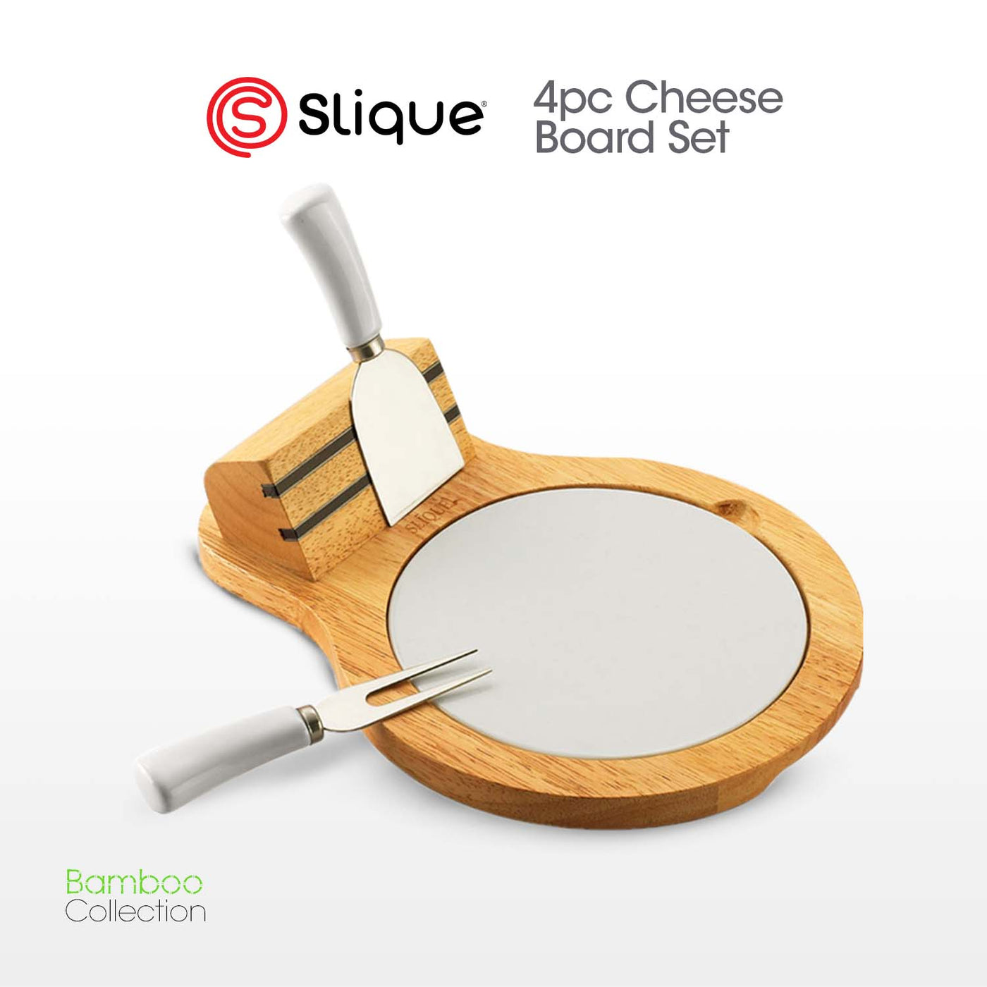 SLIQUE Premium Bamboo Cheese Board and Stainless Steel Cutlery Set of 4