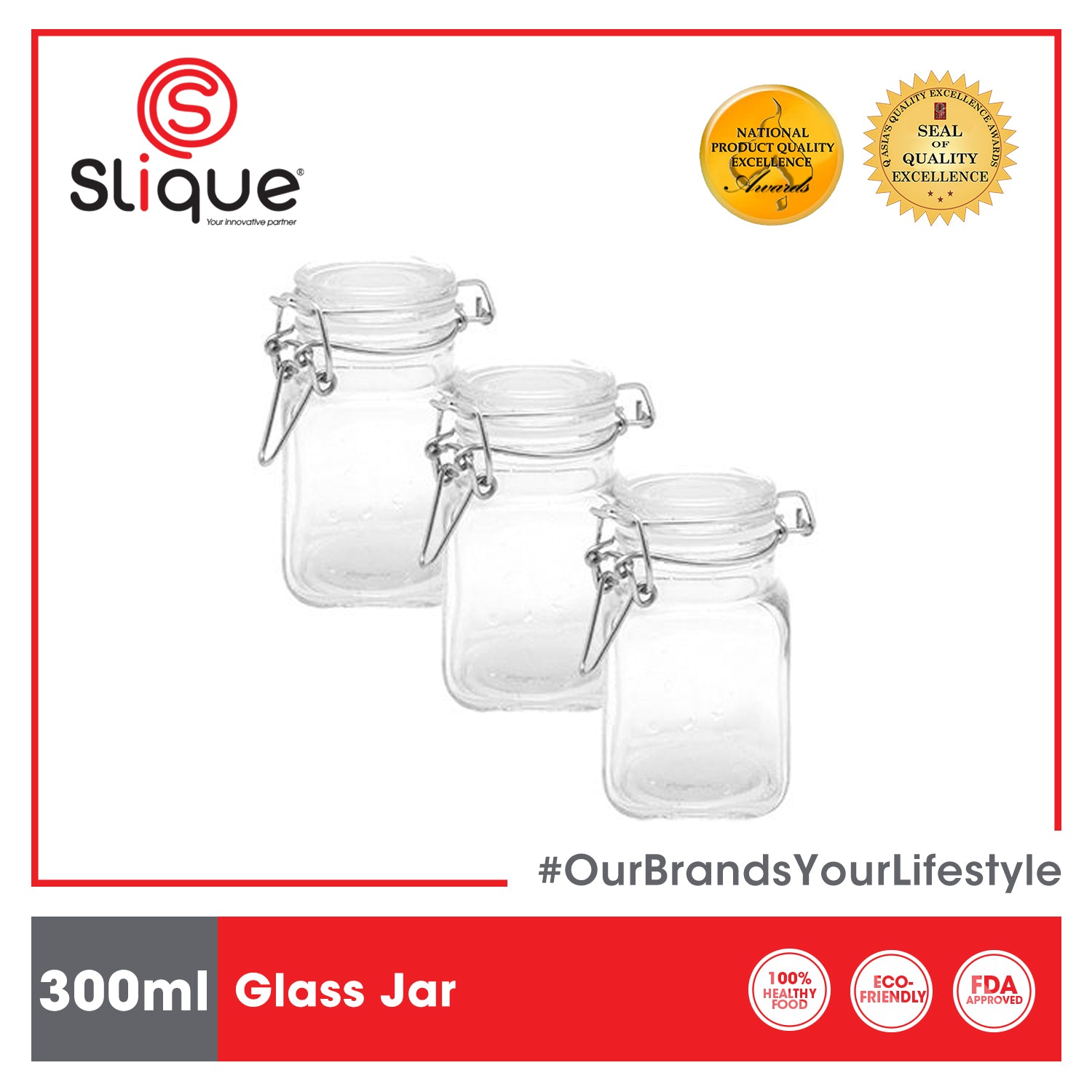 SLIQUE Glass Jar w/ Glass Lid | Ceramic Lid | Aluminum Lid [Set of 3]