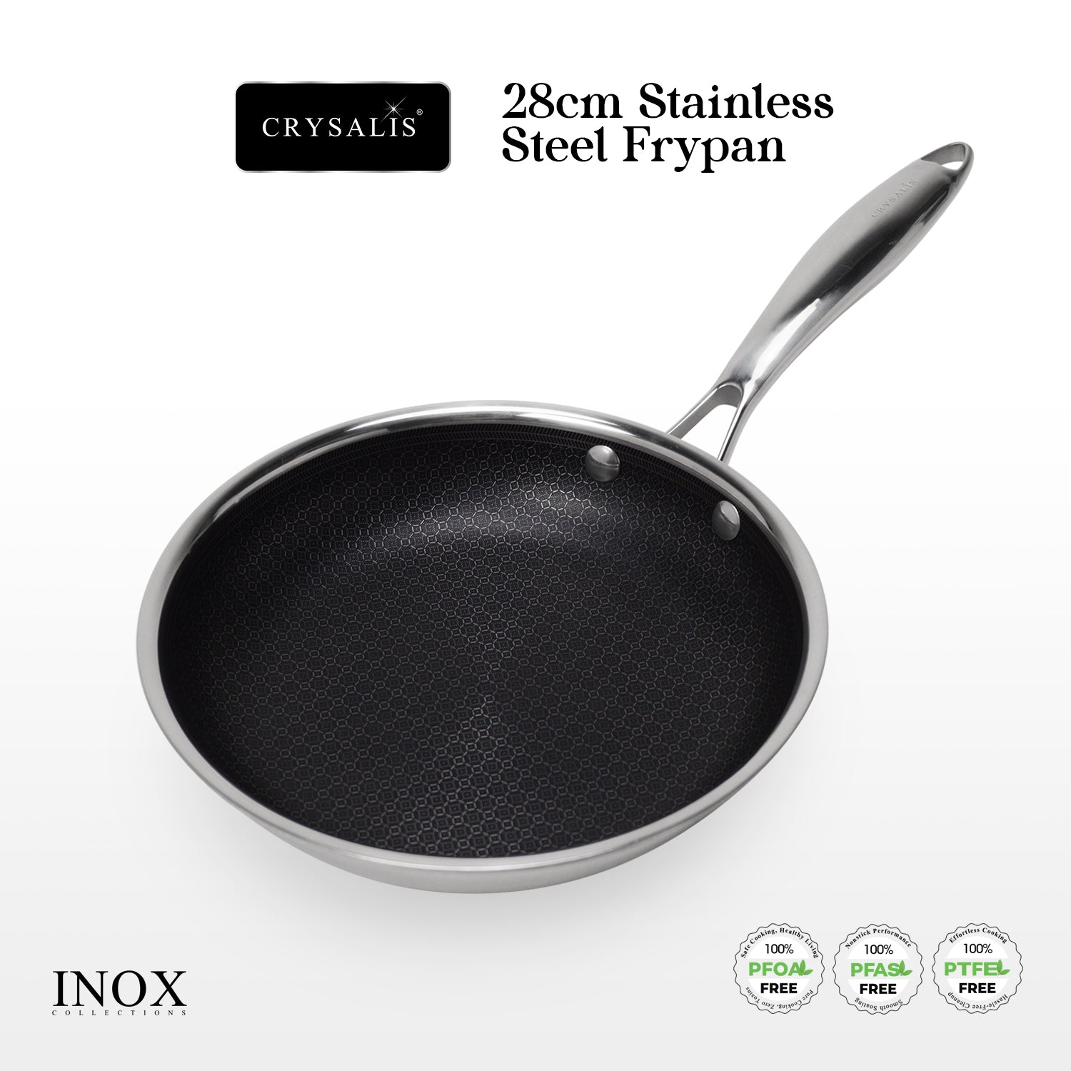 CRYSALIS INOX Stainless Steel Cookware Collection - Honeycomb Non-Stick Frypan, Saucepan, Dutch Oven, Wok Pan