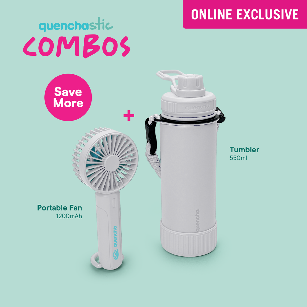 Quencha 18oz. & 37oz. Insulated Tumbler + Portable Fan with Flashlight – Perfect for Travel, Commute & Outdoors