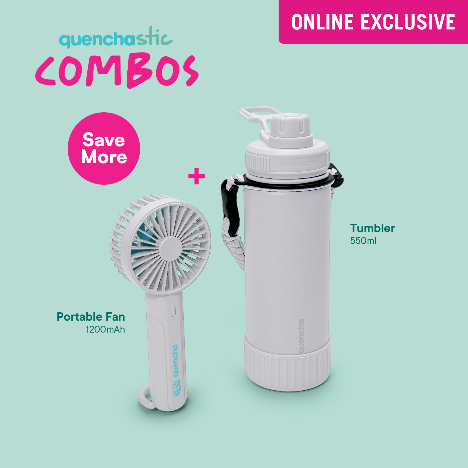 Quencha 18oz. & 37oz. Insulated Tumbler + Portable Fan with Flashlight – Perfect for Travel, Commute & Outdoors