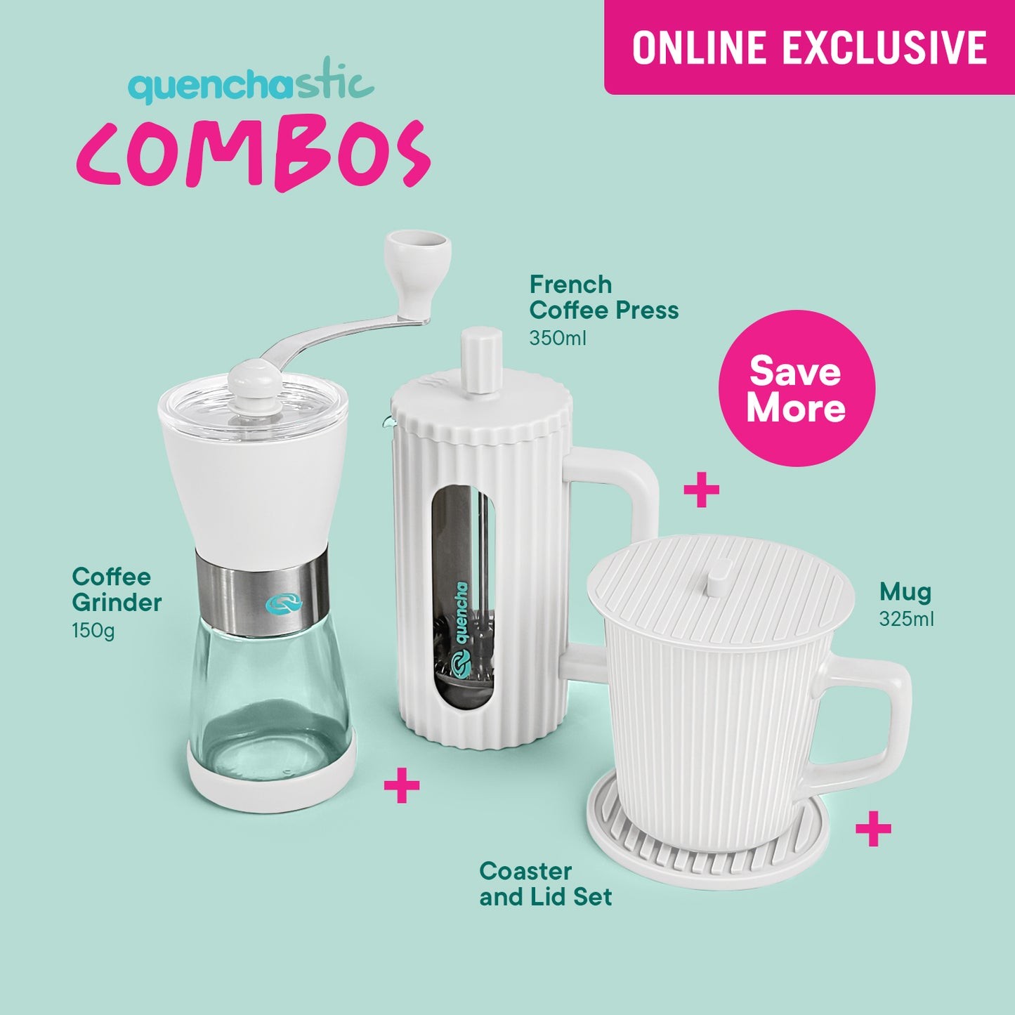 Quencha 350ml French Coffee Press, Grinder and Mug with Coaster and Lid Set