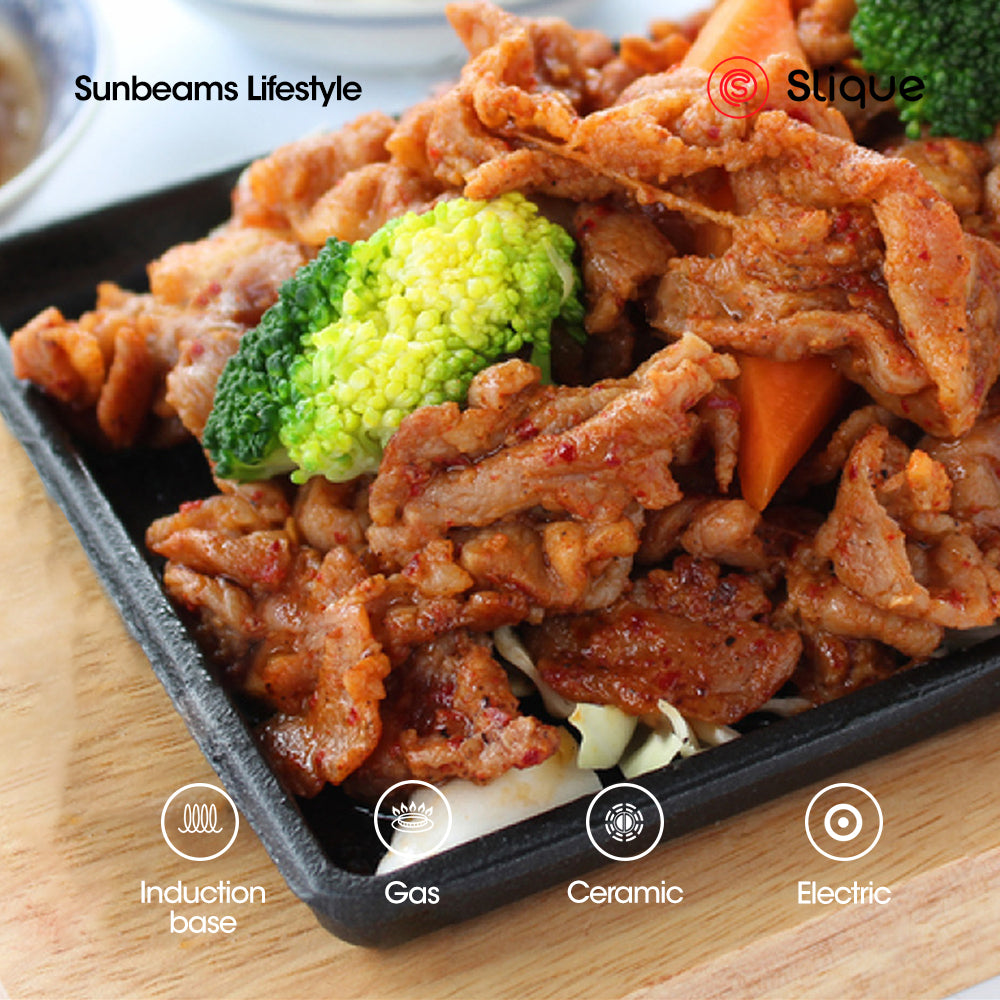 [Official] Slique GRILLERZ Cast Iron Sizzling Plate w/ Rubberwood Base - Restaurant Grade Serving Tray, Induction Ready