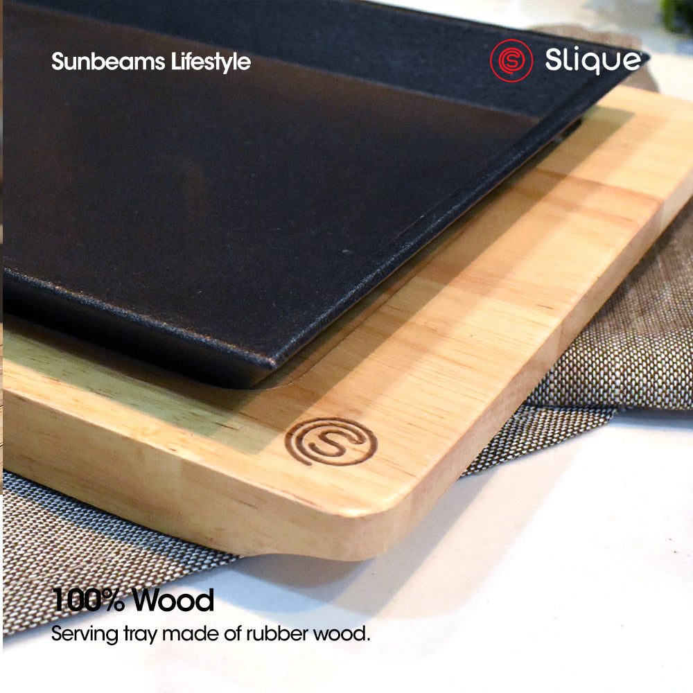 [Official] Slique GRILLERZ Cast Iron Sizzling Plate w/ Rubberwood Base - Restaurant Grade Serving Tray, Induction Ready