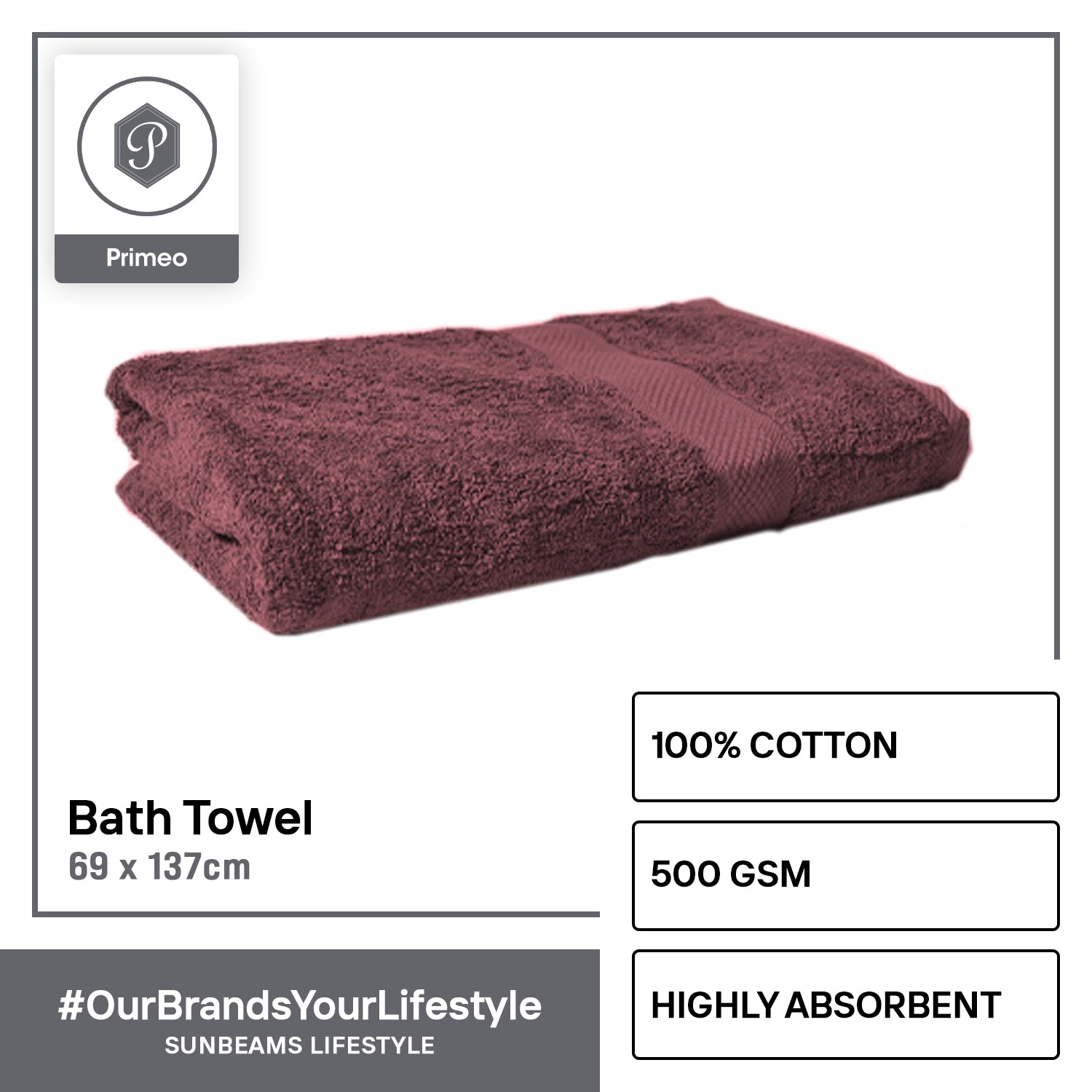 INFINITE by PRIMEO 100% Cotton Bath Towel Ring Spun 500gsm