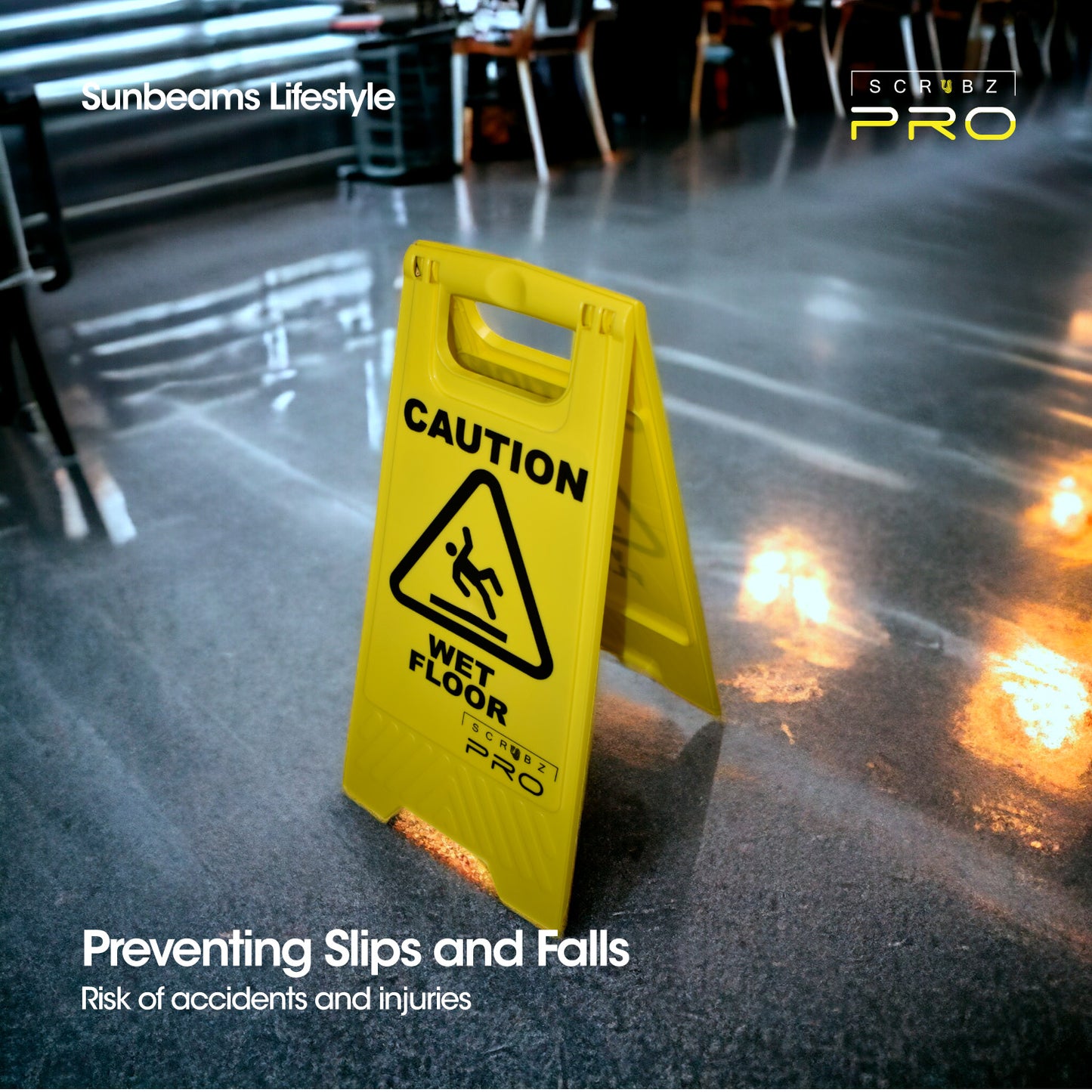 SCRUBZ Pro Caution Wet Floor Sign Foldable Safety Sign, Warning Board Sign