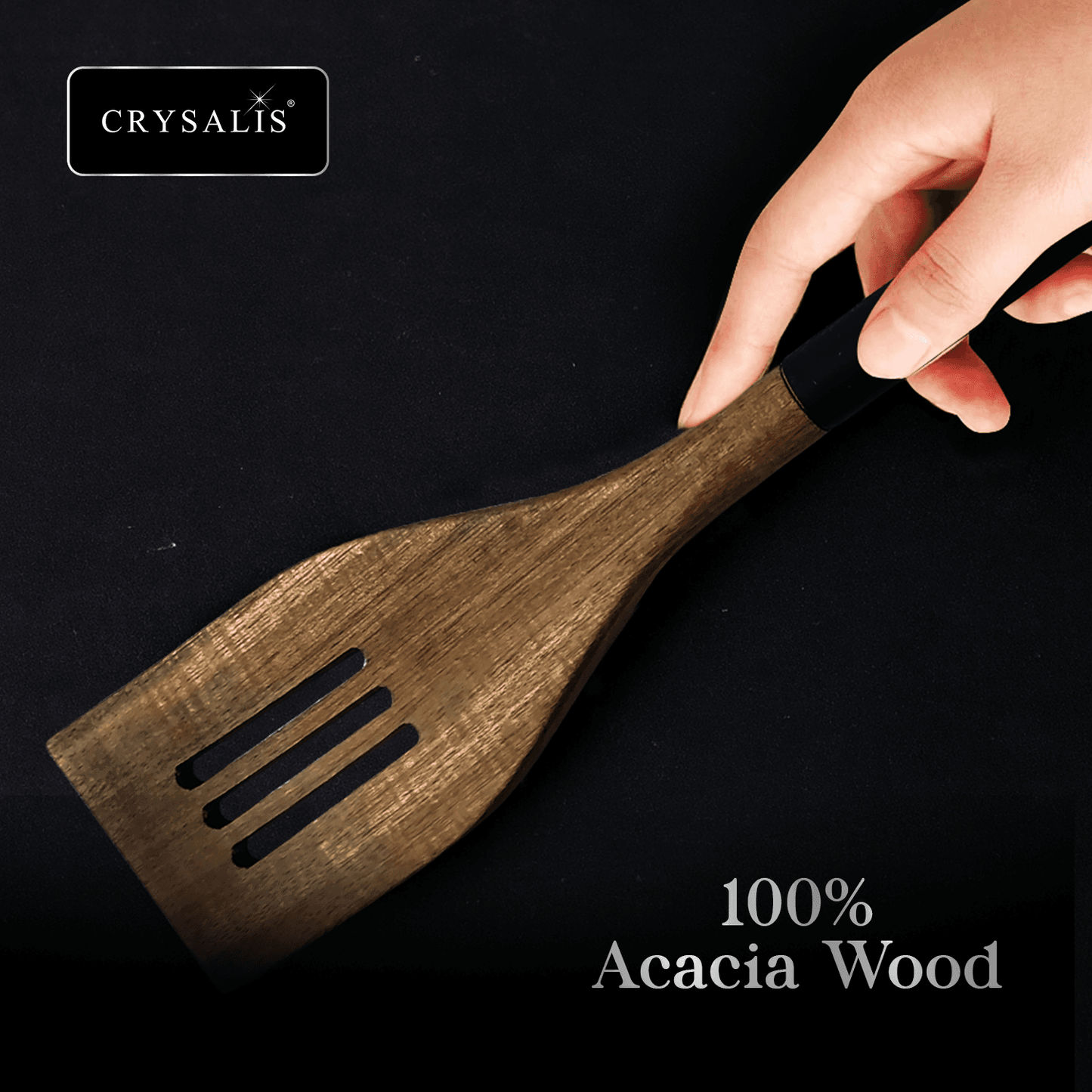 CRYSALIS PREMIUM Silicone Handle Wooden Spoon Turner - Acacia Wood