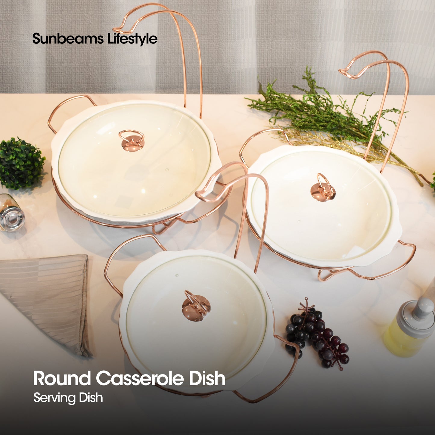 SLIQUE Casserole Serving Dish Round, Signature Porcelain Collection Copper Stand with Candle Burner