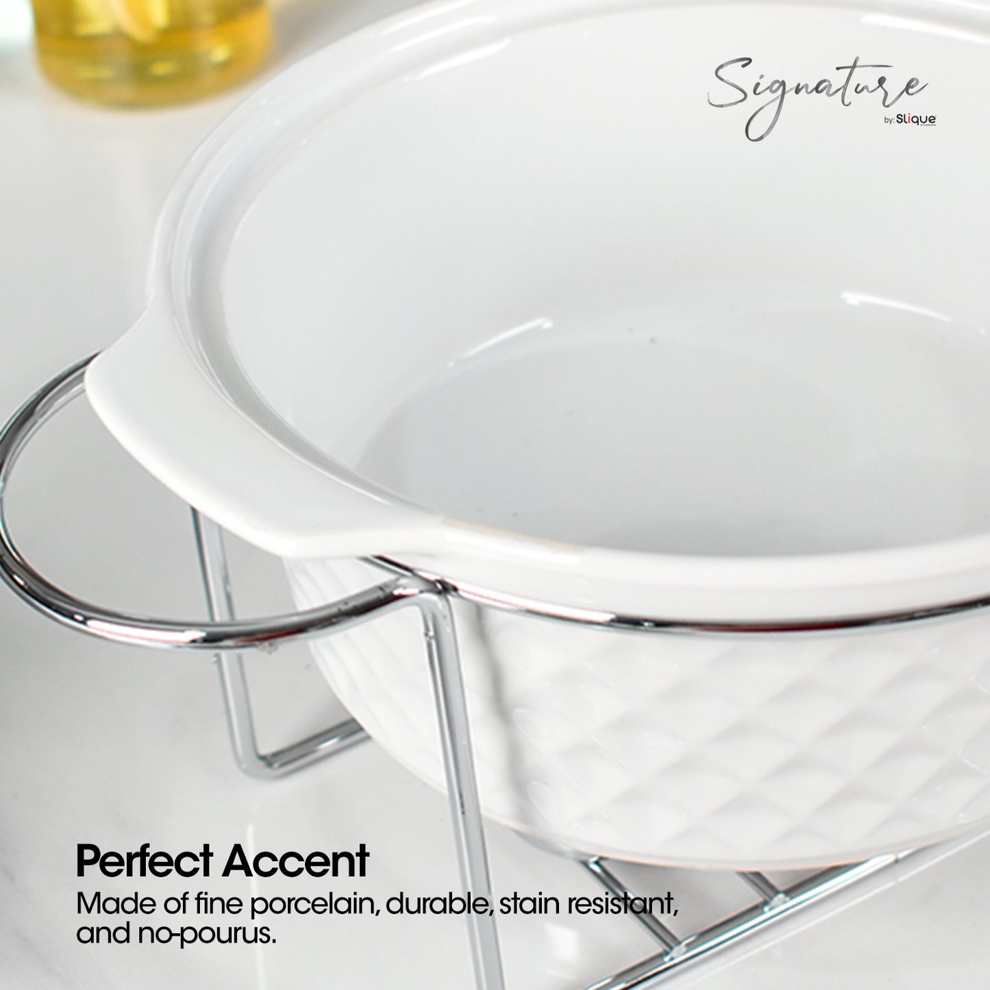 SLIQUE Casserole Serving Dish Round, Signature Porcelain Collection Stainless Steel Stand with Candle Burner
