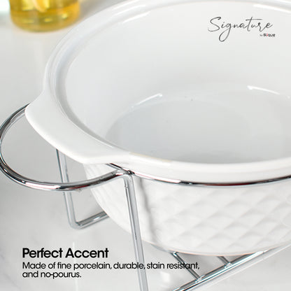 SLIQUE Casserole Serving Dish Round, Signature Porcelain Collection Stainless Steel Stand with Candle Burner