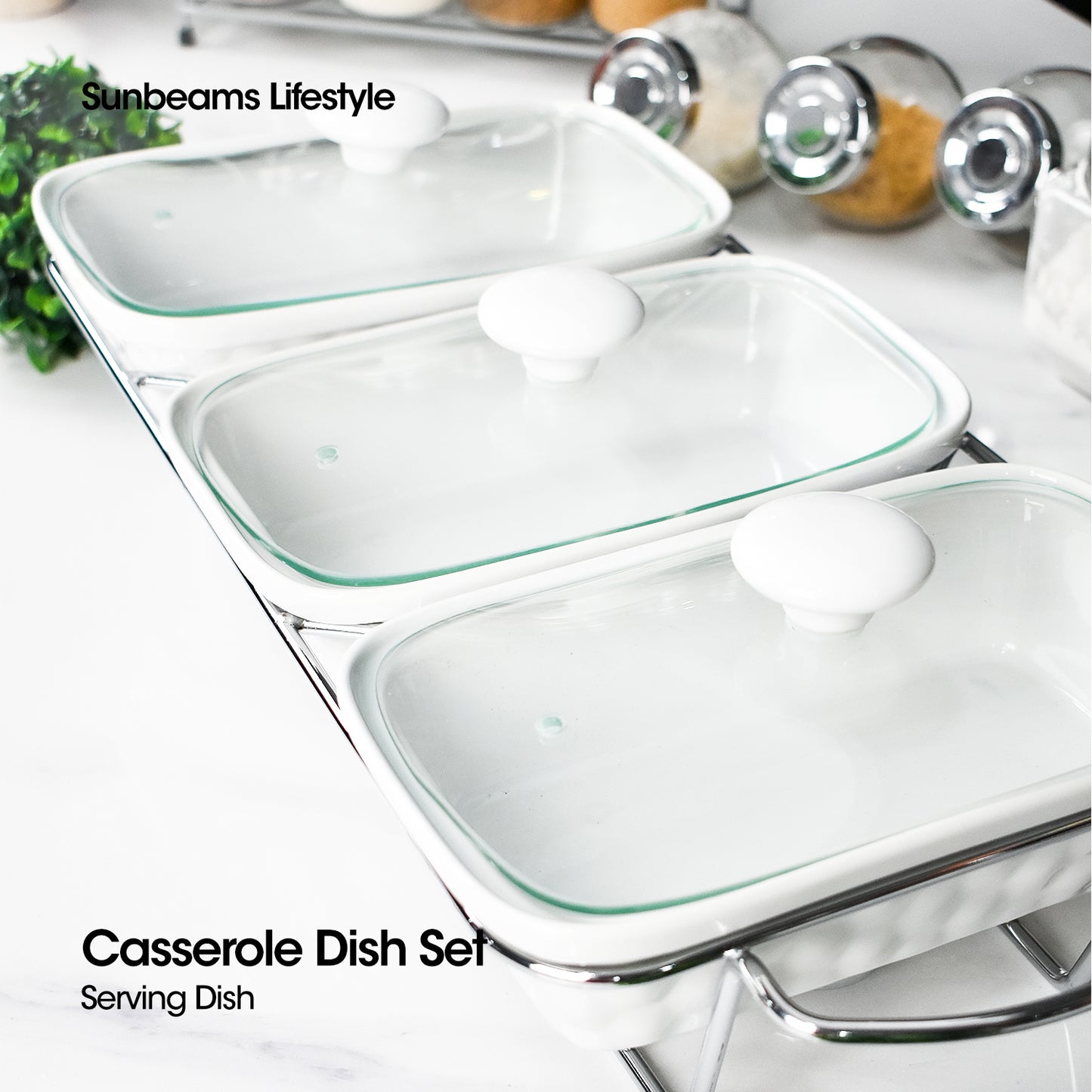 SLIQUE Casserole Serving Dish [Set of 3] 1400mL Signature Porcelain Collection Stand with Candle Burner