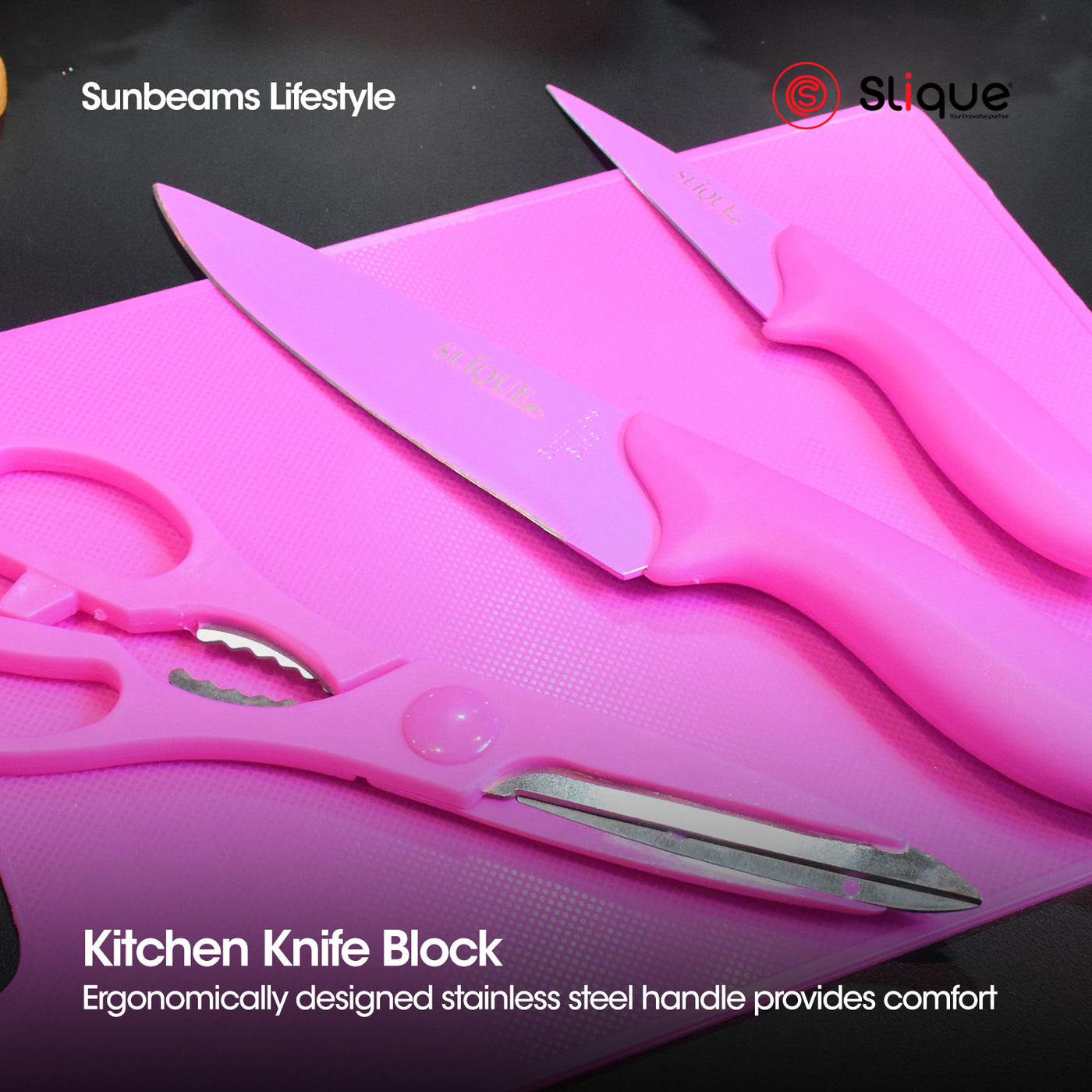 SLIQUE Premium Stainless Steel Non-Stick Kitchen Knife w/ Scissors Cutting Board Set of 4 (Purple)