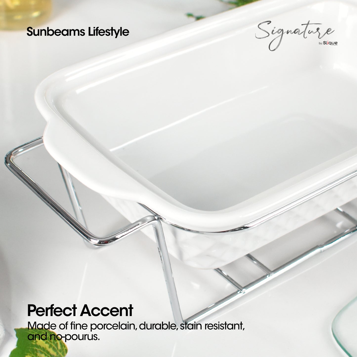 SLIQUE Casserole Serving Dish Rectangle, Signature Porcelain Collection Stand with Candle Burner