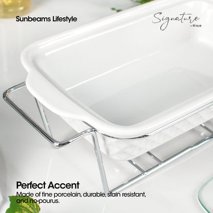 SLIQUE Casserole Serving Dish Rectangle, Signature Porcelain Collection Stand with Candle Burner
