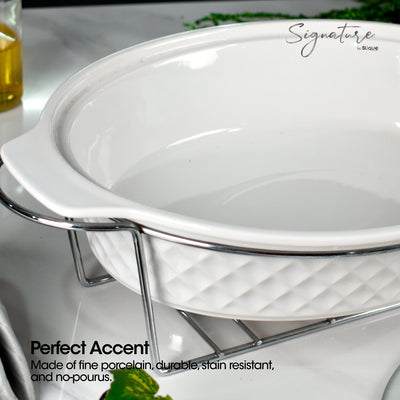 SLIQUE Casserole Serving Dish Oval, Signature Porcelain Collection Stand with Candle Burner