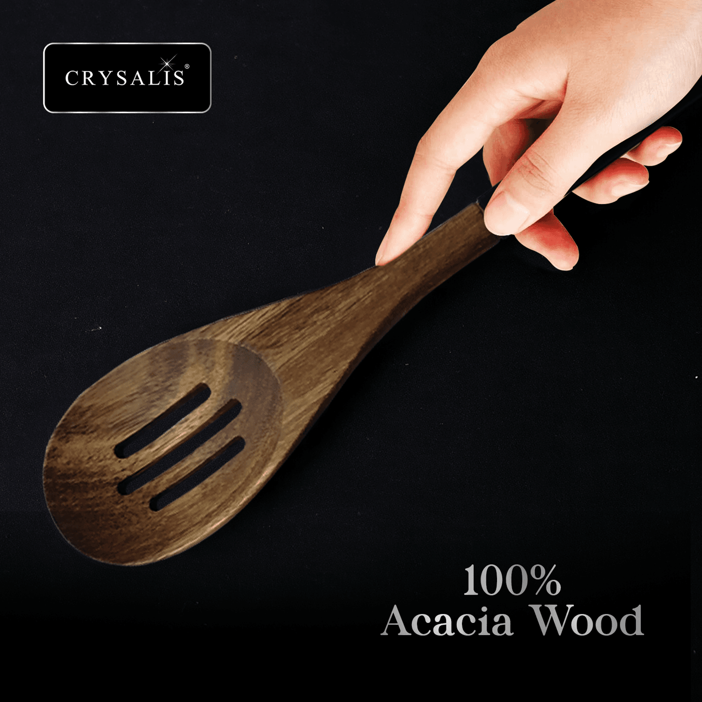 CRYSALIS PREMIUM Silicone Handle Wooden Spoon Turner - Acacia Wood