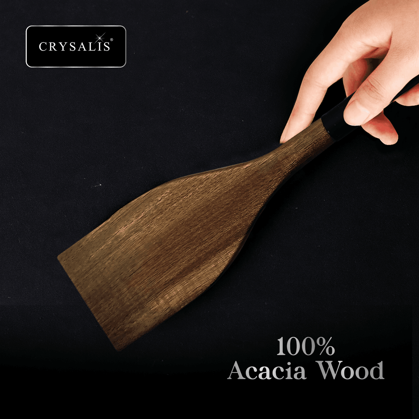 CRYSALIS PREMIUM Silicone Handle Wooden Spoon Turner - Acacia Wood