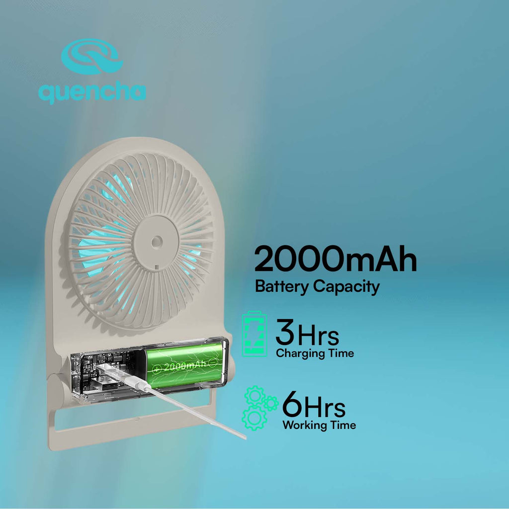 QUENCHA Portable Desk Fan 2000mAh Rechargeable Mini Fan