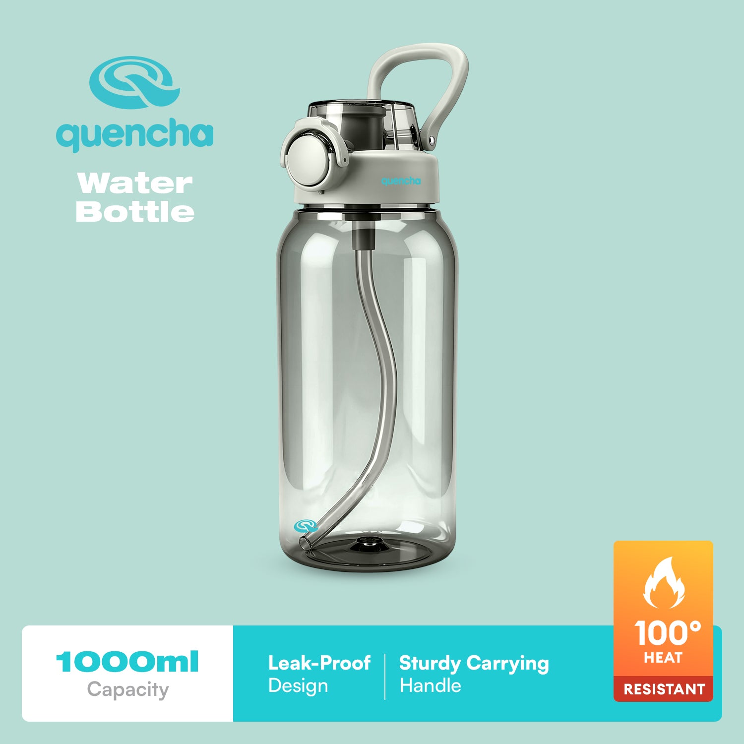 QUENCHA BPA-Free Water Bottle 1000ml Reusable Water Bottle • Built-In Straw • Leak-Proof Lid