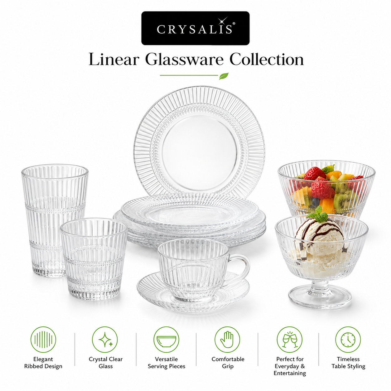 Crysalis Linear Glassware Collection Dinner Plates Bowls Coffee Mugs Glass Cups Set