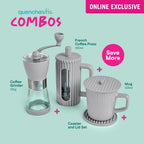 Quencha 350ml French Coffee Press, Grinder and Mug with Coaster and Lid Set
