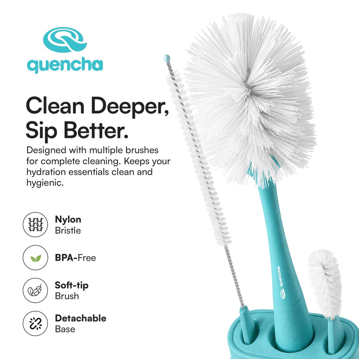 Quencha 3-in-1 Bottle Brush Set Tumbler Cleaner with Straw Brush Lid Brush and Organizer Base BPA-Free Aqua