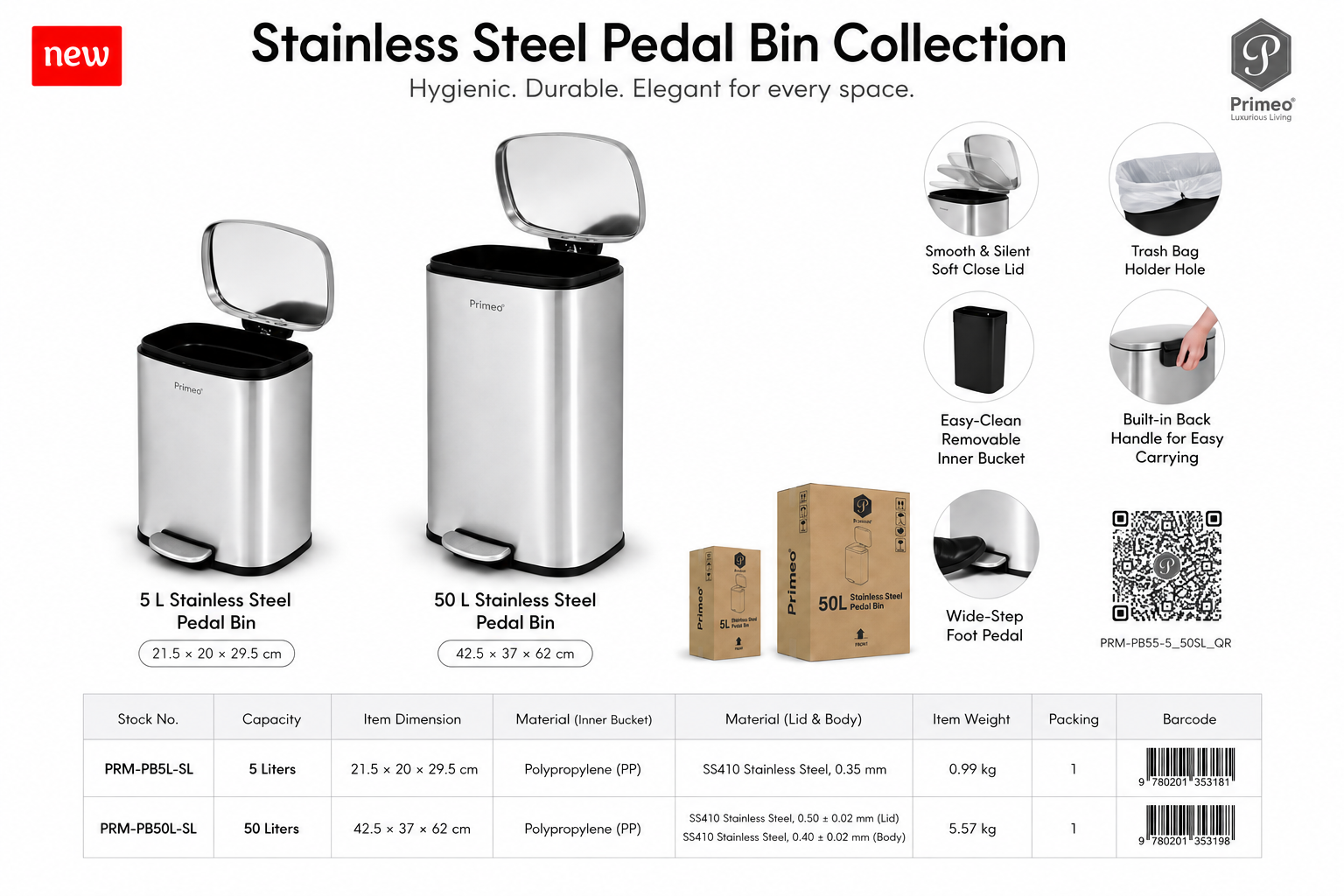 PRIMEO Stainless Steel Pedal Bin Soft Close Trash Bin Garbage Waste Bin with Removable Inner Bucket