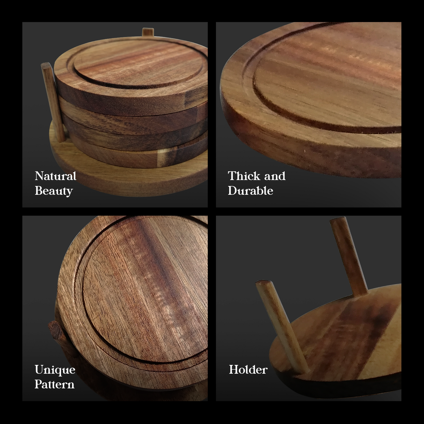 CRYSALIS Premium Coaster Set Holder Round Wooden Coaster [Set of 5] - Acacia Wood