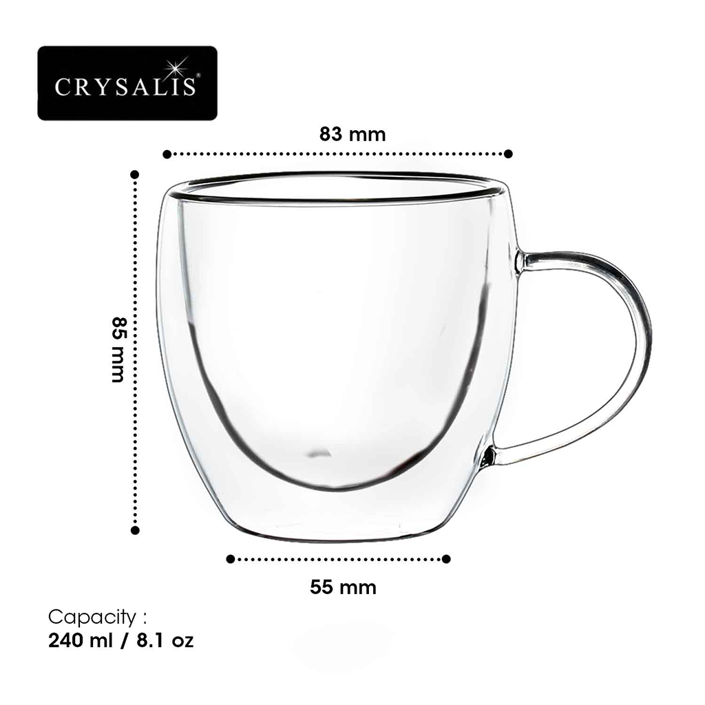 CRYSALIS Premium Clear Glass Coffee Cup Double Wall  240ml | 8.1oz Set of 2 Modern Italian Design Amazing Gift Idea For Any Occassion!
