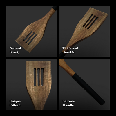 CRYSALIS PREMIUM Silicone Handle Wooden Spoon Turner - Acacia Wood