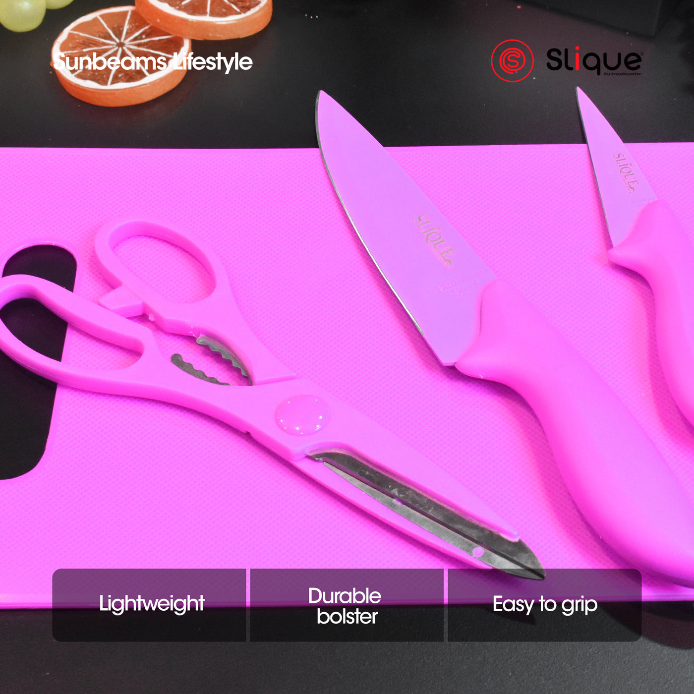 SLIQUE Premium Stainless Steel Non-Stick Kitchen Knife w/ Scissors Cutting Board Set of 4 (Purple)