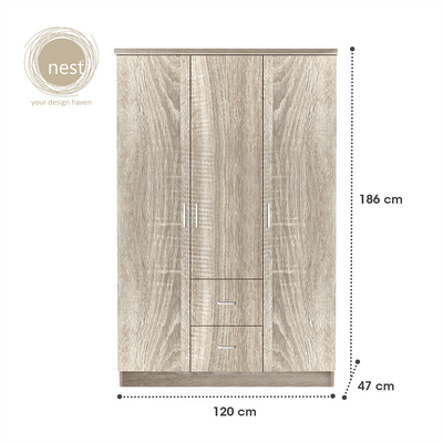 NEST DESIGN LAB Premium Wardrobe 3 Doors & 2 Drawers Modern Italian Design Amazing Gift Idea For Any Occasion! (Ash Wood)