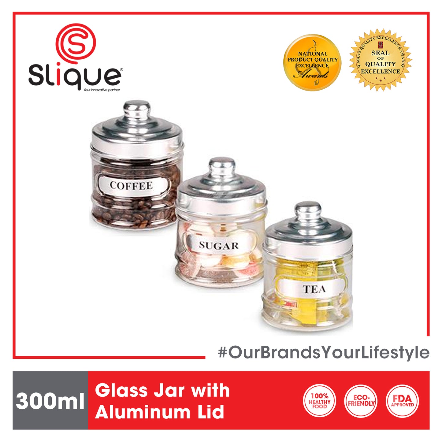SLIQUE Glass Jar w/ Glass Lid | Ceramic Lid | Aluminum Lid [Set of 3]