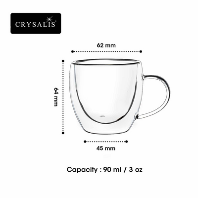 CRYSALIS Premium Clear Glass Espresso Cup Double Wall  90ml | 3oz Set of 2 Modern Italian Design Amazing Gift Idea For Any Occassion!