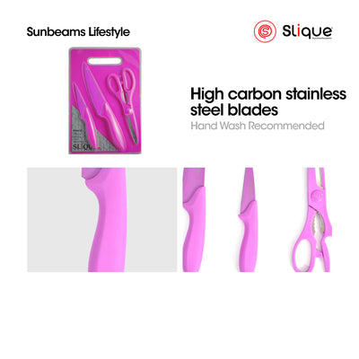 SLIQUE Premium Stainless Steel Non-Stick Kitchen Knife w/ Scissors Cutting Board Set of 5 (Pink)