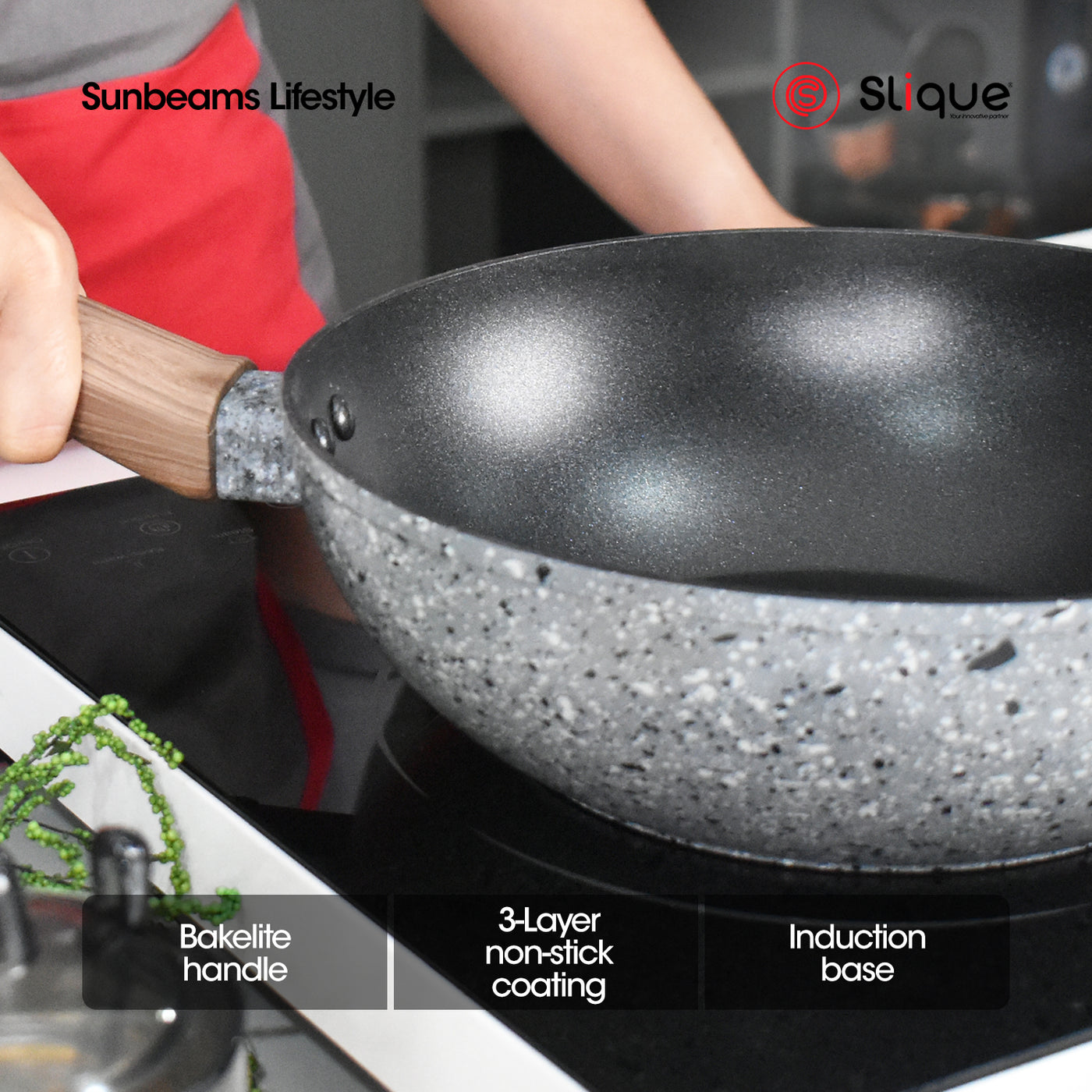 SLIQUE Granite Cookware Set of 3 Frypan 20cm Saucepan 16cm