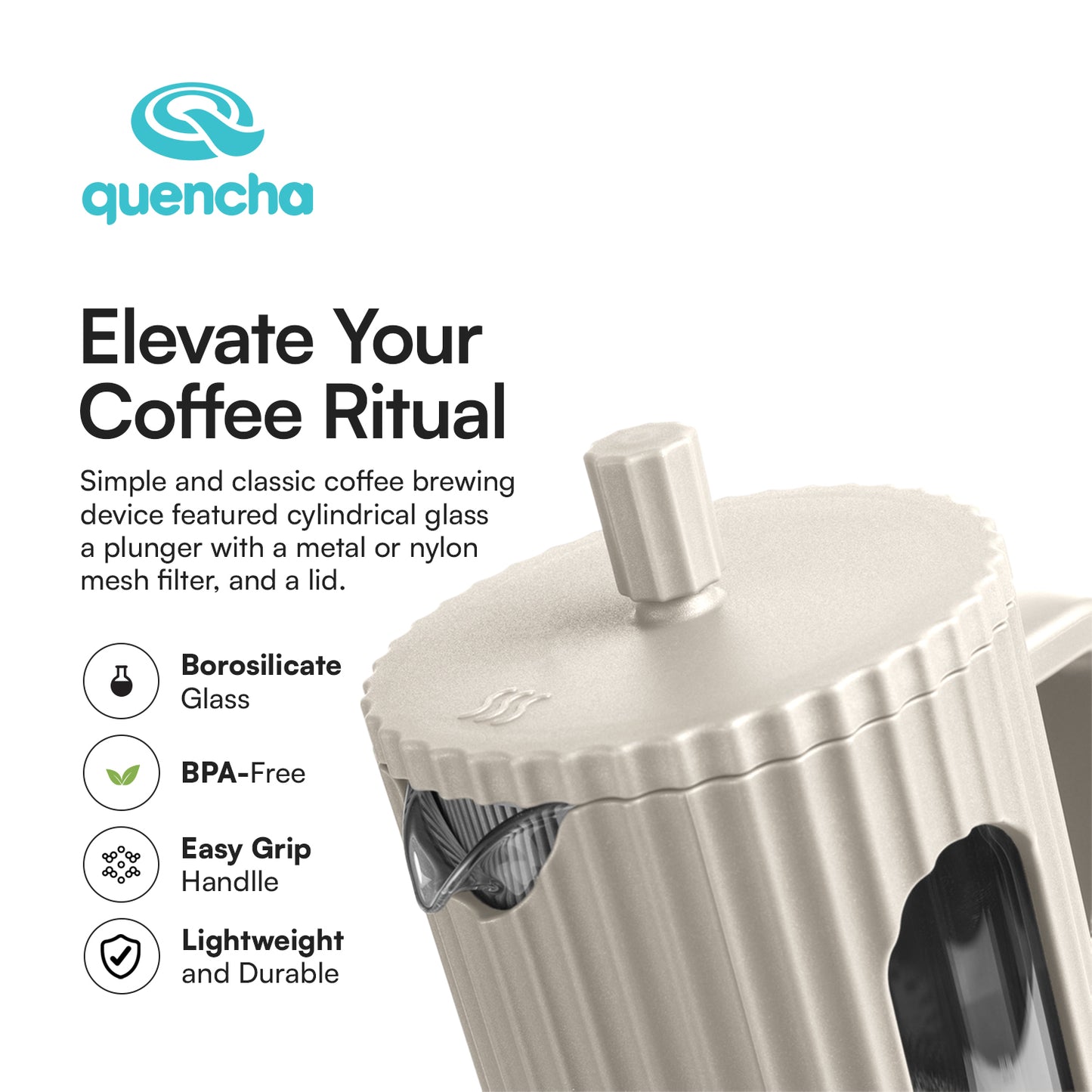 Quencha 350ml French Coffee Press, Grinder and Mug with Coaster and Lid Set