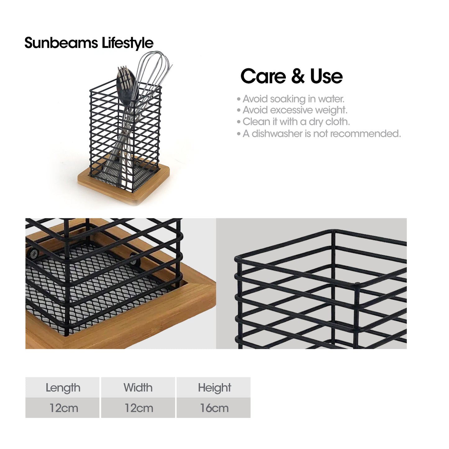 SLIQUE Premium Utensil Holder 12x12x16cm Bamboo Metal Wire Organizer