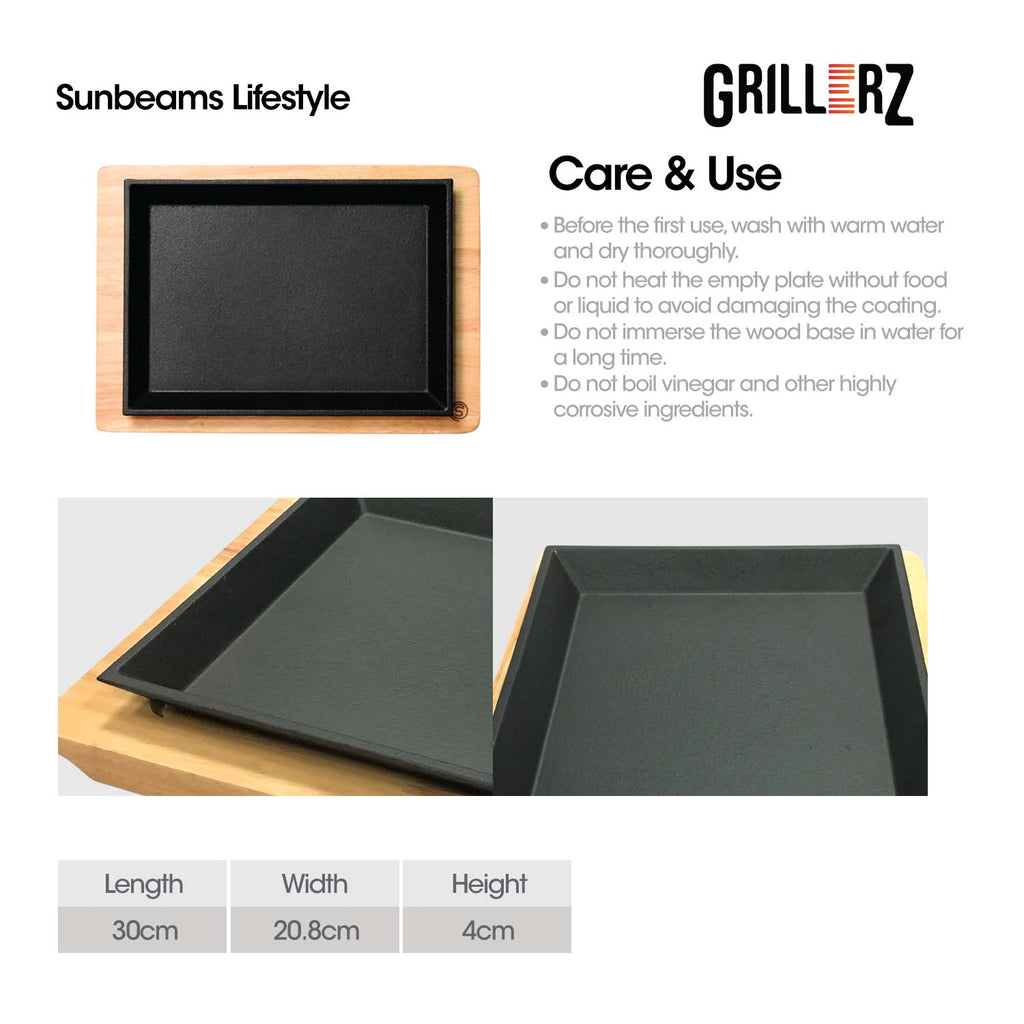 [Official] Slique GRILLERZ Cast Iron Sizzling Plate w/ Rubberwood Base - Restaurant Grade Serving Tray, Induction Ready